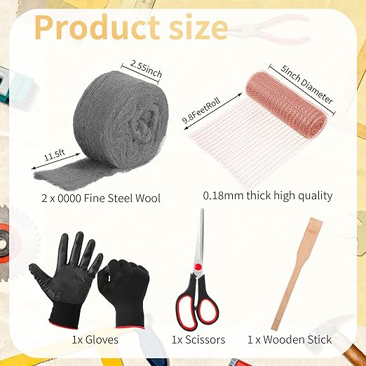 Copper Mesh Rodent Control Kit 1 Pack Rustproof Mesh Roll and 0000 Steel Wool Mouse Hole Filler with Gloves, Scissors for House Garden Home Garage(5in X 9.8ft)