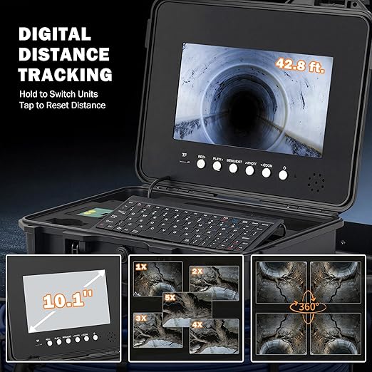ZELCAN 10.1" Self-Leveling Sewer Camera with 512Hz Locator,Sewer Inspection Camera with 300 ft. Cable & Digital Length Counter, Rechargeable Drain Pipe Camera with Keyboard Wheels 12 LED Lights