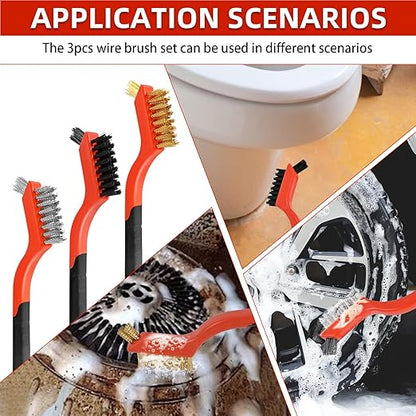 3pcs Wire Brushes for Cleaning Rust, Upgrade Wire Brush Set - Brass/Stainless Steel/Nylon Bristles, Small Metal Wire Brush with Curved Handle Grip, Wire Brushes for Paint and Stain, 7 Inches (3pcs)