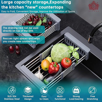 Sink Dish Drying Rack, Stainless Steel Drainer for 10.7"-17" Sinks, Kitchen Countertop Organizer for Dishes, Vegetables, and Fruits (Grey & Small)