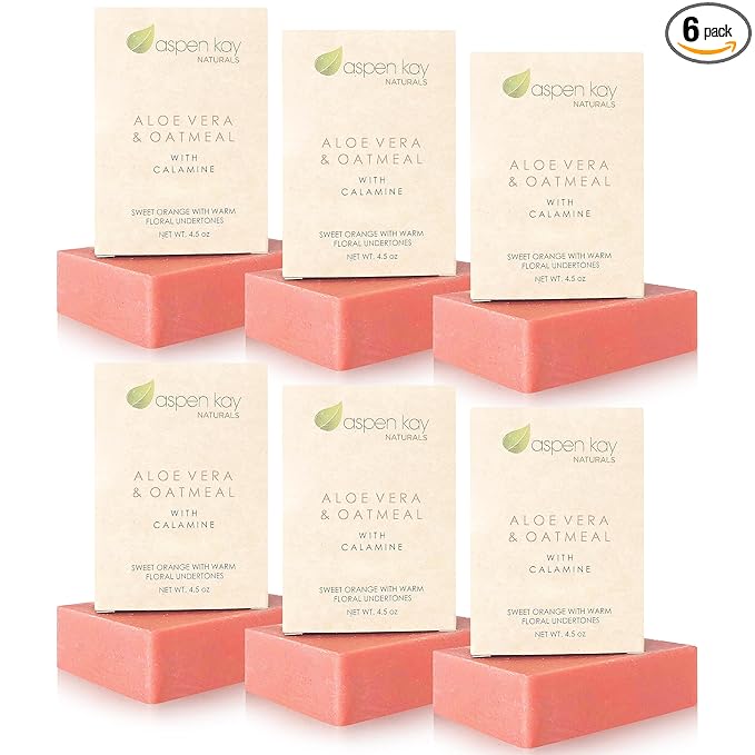 Aloe Vera & Oatmeal Soap Bar with Calamine, Natural & Organic Ingredients - Organic Aloe Vera & Colloidal Oats. Face & Body - for Men, Women & Teens. Gentle Body Wash. 4.5 oz Bar (Pack of 6)