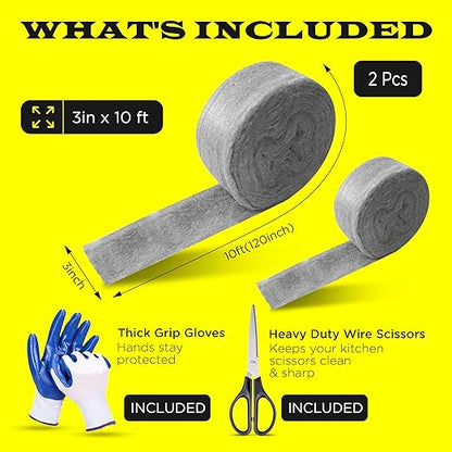 Wool Assortment for Cleaning & Mice Control – 0000 Grade Fine to Coarse Steel Wool Pads & Rolls, Multiple Pack Sizes and Length Options (3" x 10ft (2 Packs))
