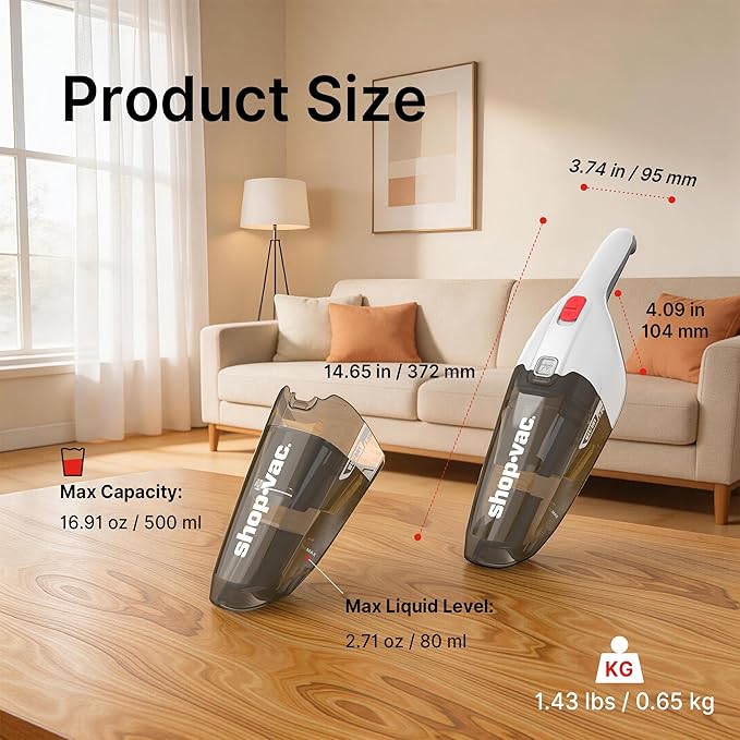 Shop-Vac Wet/Dry Handheld Vacuum, Powerful Small Vacuum Cordless Rechargeable, Wall-Mounted Hand Vac with Crevice Tool, Portable Vacuum for Home & Car, Lightweight & Compact, White