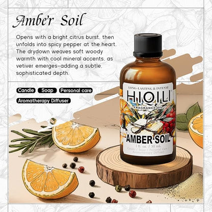 HIQILI Amber Soil Fragrance Oil for Diffuser, Perfume & Hair Perfume Mist Making - Citrus, Pepper & Woody Notes, Long-Lasting Scent - 1 Fl Oz