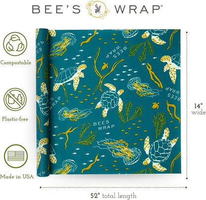 Bee's Wrap Beeswax Wraps for Food - Cut to Size 14x52" Beeswax Wrap Roll - Plastic Free Made in USA Reusable Natural Food Wrap - Ocean
