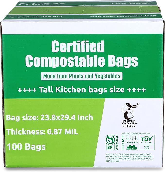 Compostable Bags 13 Gallon, Tall Kitchen Trash Bags, 100 Count, Extra Thick 0.87 Mil. ASTMD6400 Food Scrap Yard Waste Compost Bags, Certified by BPI and TÜV AUSTRIA