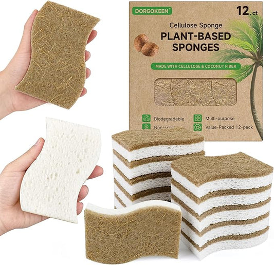 12 Pack Biodegradable Kitchen Dish Sponges, Natural Plant-Based Coconut Fiber and Compostable Cellulose Sponge, Non-Scratch Heavy Duty Scrub Sponges for Non-Stick Cookware, Kitchen Household Cleaning