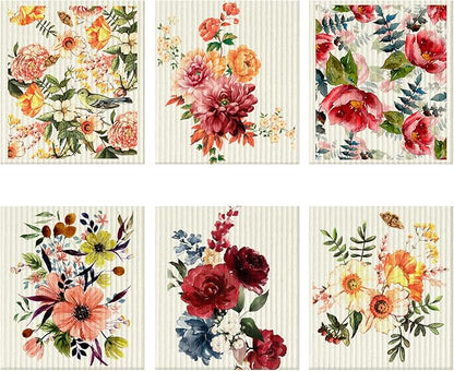 Cunhill 6 Pcs Swedish Flower Dish Cloth, Quick Drying, Reusable, Washable, Absorbent, Decorative Tea Towels, No Odor Bar Hand Towel