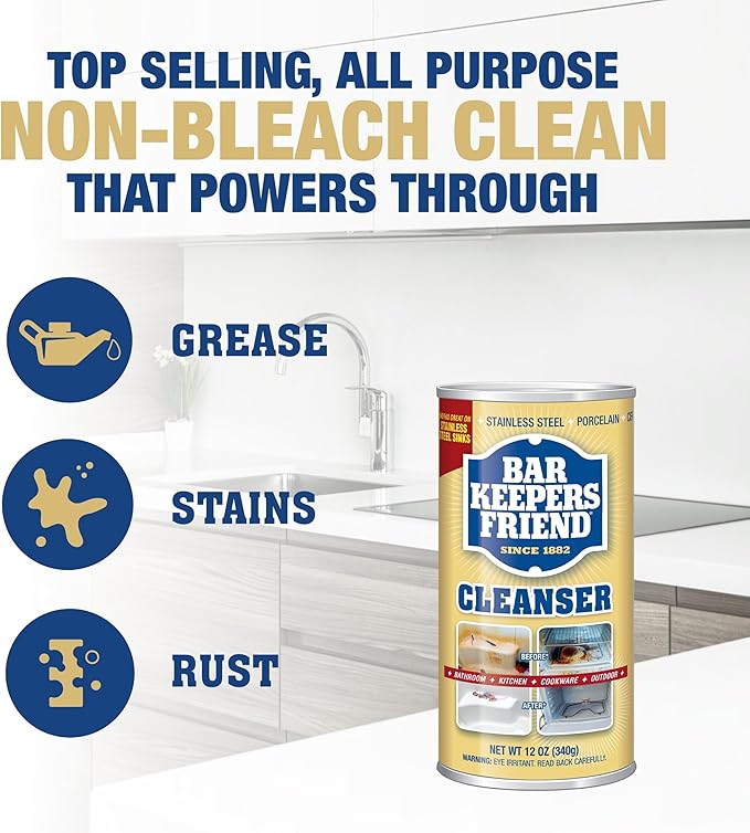 Bar Keepers Friend Powder Cleanser, 12 oz x 2, Multipurpose Cleaner, Degreaser & Remover for Burnt Stainless Steel Pots and Pans, Rust Stains, Hard Water Deposits & Soap Scum