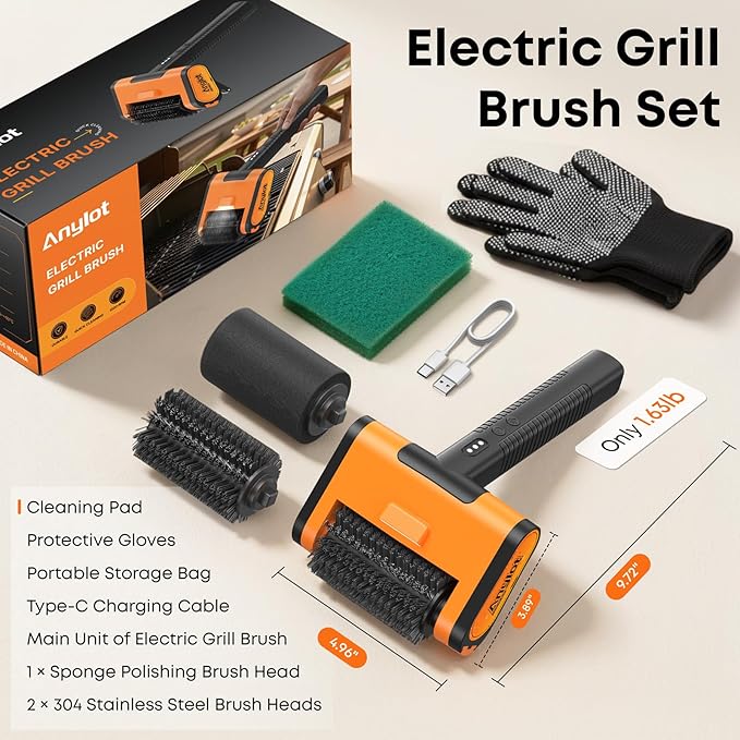 Electric Grill Brush, 1500RPM 3 Speeds, Grill Brush for Outdoor Grill with 3 Heads, Cordless Rechargeable BBQ Grate Cleaner with LED Light, Oil Splash Guard Grill Cleaning Brush for Barbecue Grates