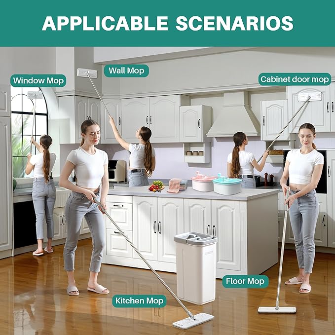 JOYMOOP Mop and Bucket Set, Hands-Free Flat Floor Mop, 8 Washable Microfiber Pads, Wet and Dry Use, Commercial & Household Floor Cleaning System, Ideal for Home and Office
