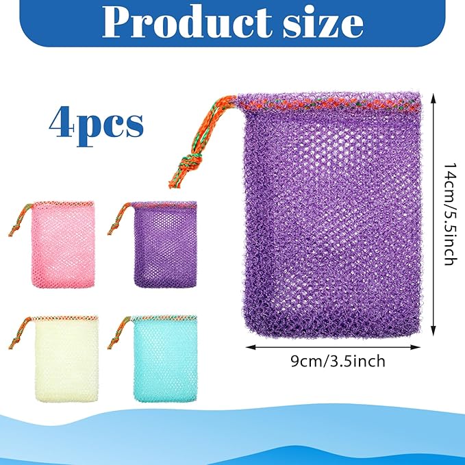 4 Pcs Mesh Bar Soap Pouch, 3.5 x 5.5 Inch Soap Saver Bags with Drawstring Portable Exfoliating Soaps Holder Net for Foaming and Drying Bath Shower (4 Colors)