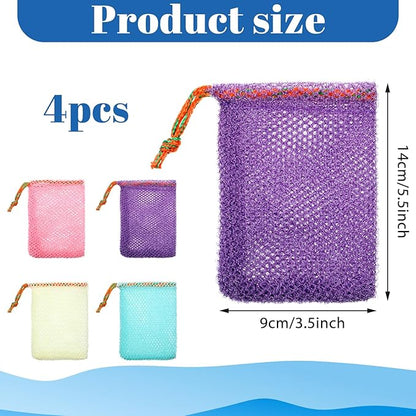 4 Pcs Mesh Bar Soap Pouch, 3.5 x 5.5 Inch Soap Saver Bags with Drawstring Portable Exfoliating Soaps Holder Net for Foaming and Drying Bath Shower (4 Colors)