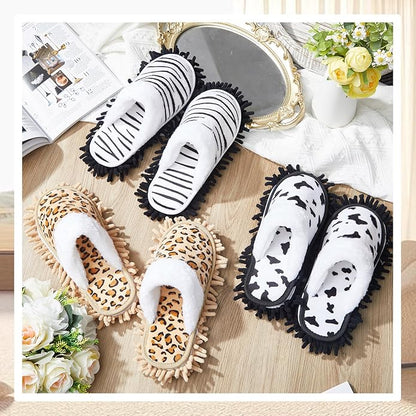 HooLing 6 Pairs Microfiber Dusting Cleaning Mop Slippers - Unisex Shoes With Cow Zebra Leopard Print for Office Home Room (Women 8-10/ Men 7-9)