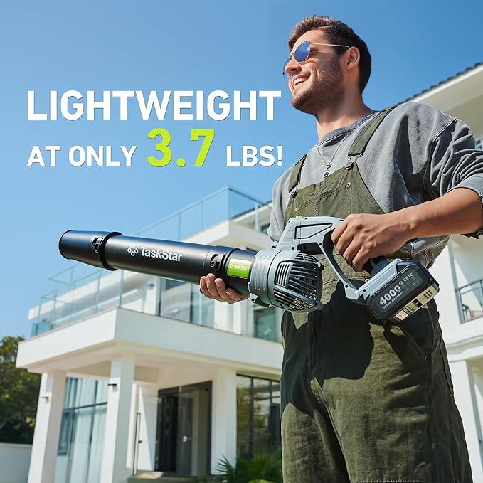 Taskstar Leaf Blower Cordless, Swivel Head Design, 550 CFM Electric Blower w/2 Pcs 4.0 Ah Battery & Charger, Lightweight 3.7 Lbs Handheld Mini Leaf Blower, 5-Speed Blowers for Lawn Care Car Patio Yard