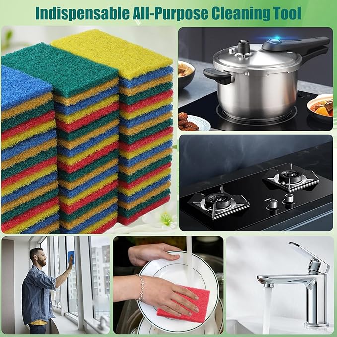 100 Pcs Scouring Pads,Heavy Duty Scour Pads,Reusable Dish Scrubber,Non Scratch Household Scrub Pads,Multipurpose Scour Pads for Kitchen Metal Grills Dish Cleaning,4 x 3 inch (Multicolor)