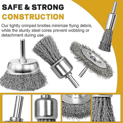 9 Pcs Wire Brush for Drill Set,Steel Wool Wire Wheel Drill Attachment for Metal Rust Removal, Corrosion and Scrub Surfaces with 1/4-Inch Round Shank
