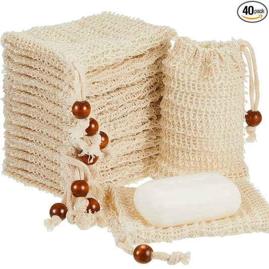 Cunhill 40 Pack Soap Saver Bag Exfoliating Soap Pouch with Drawstring Bar Wooden Bead Foaming and Drying Exfoliating Net for Bath and Shower (4.7x7.1 Inch)