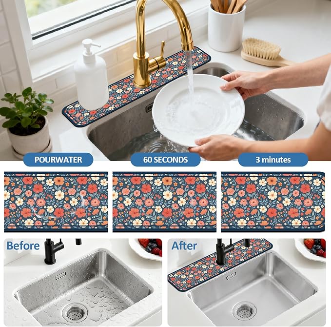 2 Pcs Kitchen Sink Splash Guard Faucet Mat Various Drinks Pattern Faucet Mat for Sinks Coffee Graffiti Absorbing Drying Mats for Kitchen Bathroom, 23.6x5.5inch