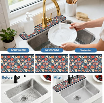 2 Pcs Kitchen Sink Splash Guard Faucet Mat Various Drinks Pattern Faucet Mat for Sinks Coffee Graffiti Absorbing Drying Mats for Kitchen Bathroom, 23.6x5.5inch