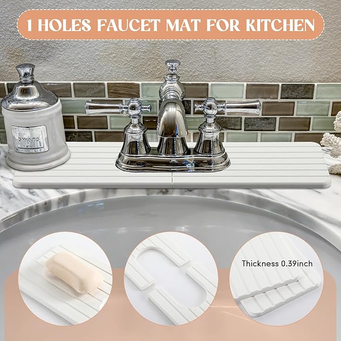 Teenyyou an Oval Hole White Faucet Mat for Kitchen Sink Bathroom 17.32" x 4.6" Kitchen Faucet Absorbent Mat Diatomite Splash Guard Quick Drying Stone Drip Catcher Hole 6.22" x 2.28"