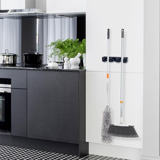 Superio Mop and Broom Holder Wall Mount Storage Organizer for Kitchen, Garage, Garden, 3 Slots (2 Pack, Black)