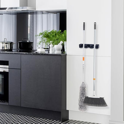 Superio Mop and Broom Holder Wall Mount Storage Organizer for Kitchen, Garage, Garden, 3 Slots (2 Pack, Black)
