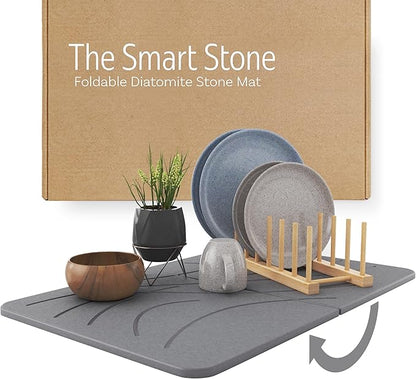 LARGE | PREMIUM | Stone Dish Mat + Bamboo Rack | 24” x 16” | Foldable (Dark Gray)