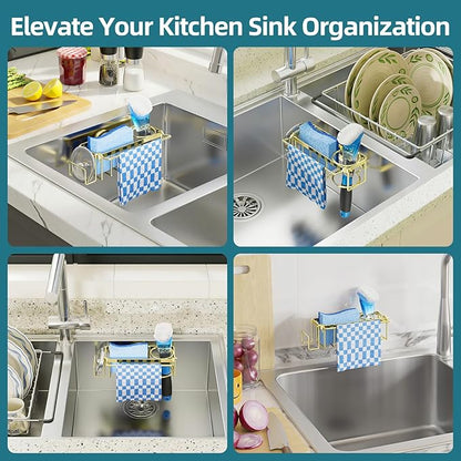 TAILI 4-in-1 Sink Caddy with Strong Suction Cup, Sponge Holder for Kitchen Sink Organizer, Removable, Rustproof, Stainless Steel Holder for Sponge, Brush, Scrubber, Scraper - Gold