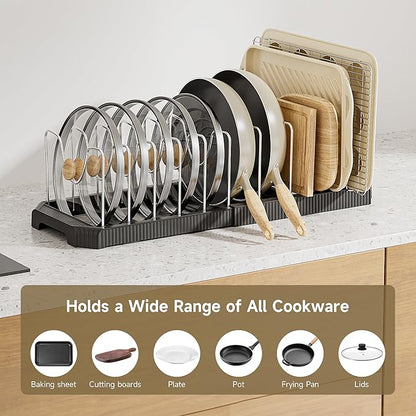 MUDEELA Pot Lid Organizer Rack for Cabinet, Expandable Pots and Pans Organizer under Cabinet with 12 Adjustable Dividers, Pan Organizers Holder inside Cabinet for Cutting Boards, Baking Sheets, Black