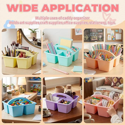 Kathfly 6 Pack Multipurpose Compartment Caddy, Plastic Storage Boxes with Handle, Assorted Colors Table Caddies Organizer for Classroom Office School Home Shower Supplies (Macaron Color)
