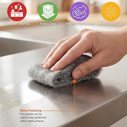 PAMI Pack of 8 Steel Wool Pads, Non Scratch Steel Scrubber for Dishes, Polishing Wool Sponge for Cleaning (#2 - Medium Coarse)