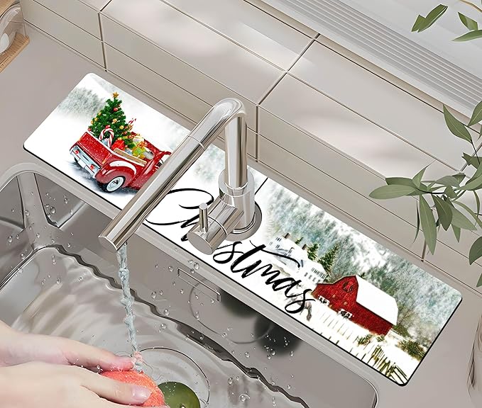 Kitchen Sink Splash Guard Faucet Mat - Super Absorbent Fast Drying Mat, Christmas Tree Pattern, 23.5" x 5.5" Microfiber Diatomite, Dish Drying Mat, 1 PC