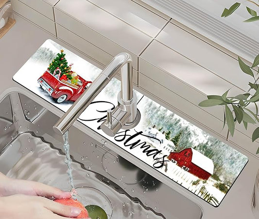 Kitchen Sink Splash Guard Faucet Mat - Super Absorbent Fast Drying Mat, Christmas Tree Pattern, 23.5" x 5.5" Microfiber Diatomite, Dish Drying Mat, 1 PC