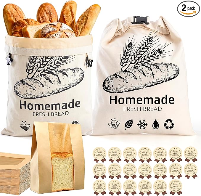 MASSUGAR 2 Pack Beeswax Bread Bags with 20 Paper Bread Bags for Sourdough Homemade Bread, XL Cotton Lining Sourdough Reusable Natural Beeswax Bread Storage Bag, Freezer-Friendly Freshness Preservation