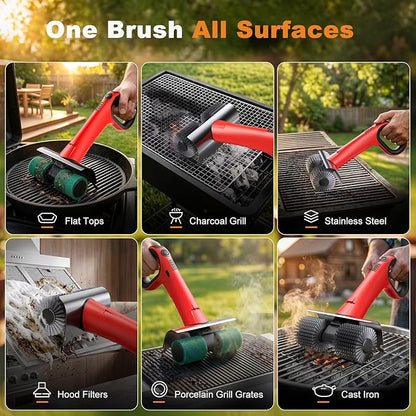 Electric Grill Brush for Outdoor Grill, Cordless BBQ Grill Cleaner with Dual Rotating Heads, 450 RPM Motorized Grill Cleaning Brush with Forward & Reverse, 6-Piece Replaceable Brush Set