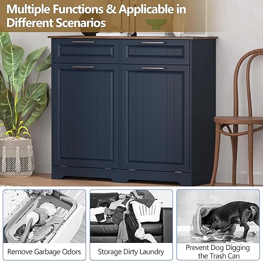 Double 10 Gallon Tilt Out Trash Can Cabinet with Deodorizing Function and Power Outlet, Wooden Hidden Garbage Can Holder with 2 Storage Drawers for Kitchen, Laundry Hamper Cabinet for Bathroom, Blue
