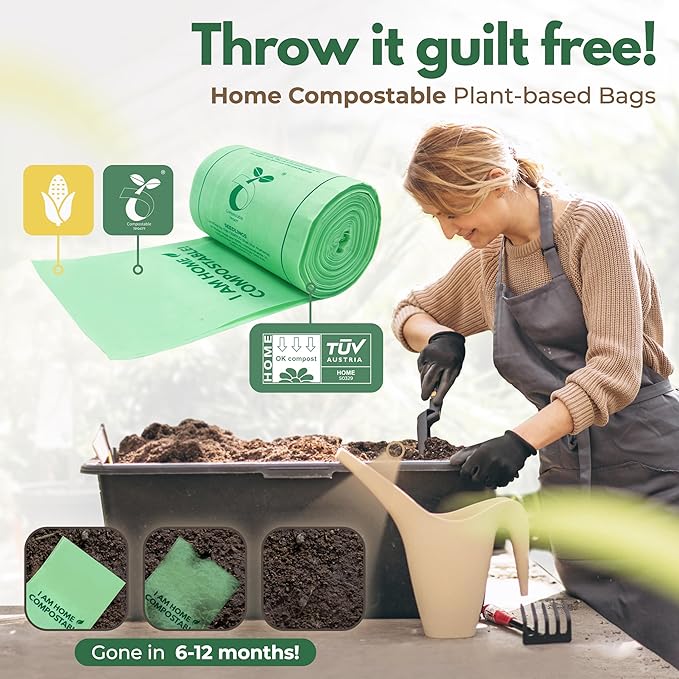 AIRNEX Small Compost Bags 1.6 Gal - 50 Compostable Kitchen Trash Bags for Countertop Bin - Cornstarch Leakproof & Tear-Resistant - OK Compost Home & Seedling Certified 0.18 mm Kitchen Garbage Bags