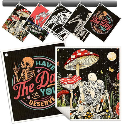 Miss Adola Swedish Dishcloths for Kitchen - 5 Pack Reusable Dish Cloths for Washing Dishes Absorbent Cute Funny Kitchen Towels Cleaning Sponge, Skull Design
