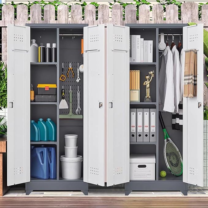 65"H Metal Broom Closet Storage Cabinet, Freestanding Garage Storage Cabinet with Hanging Rod and Locking Doors, Bathroom Storage Cabinet, Cleaning Tool Cabinet for Garage Patio Garden, Grey White