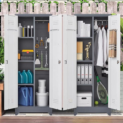 65"H Metal Broom Closet Storage Cabinet, Freestanding Garage Storage Cabinet with Hanging Rod and Locking Doors, Bathroom Storage Cabinet, Cleaning Tool Cabinet for Garage Patio Garden, Grey White