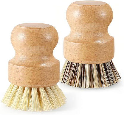 Wooden Dish Brush with Metal Stand Handheld Bamboo Wok Brush Scrubber for Dishes Pans Pots Fruit and Veggie Washing(2,Beige Brown)