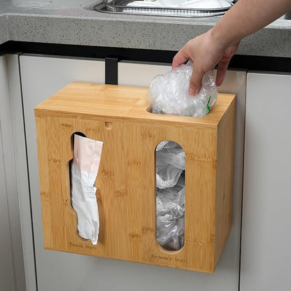 Trash Bag Dispenser & Grocery Bag Organizer, 2 in 1 Bamboo Garbage Bags Storage Box for Cabinet Door or Wall Mount
