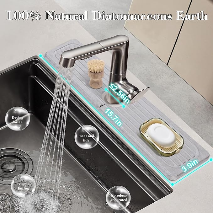 Stone Faucet Mat for Kitchen Sink, 15.7" Diatomite Drying Stone Mat Sink Protector Super Absorbent, Kitchen Sink Splash Guard, Sink Stone Quick Dry Around Faucet for Kitchen Bathroom Counter