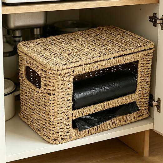 Paper Rope Trash Bag Holder Dispenser – Rustic Kitchen Cabinet Organizer Box with Lid for Garbage Bags, Grocery Bags & Pantry Supplies, Multi-Purpose Storage for Home