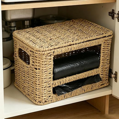 Paper Rope Trash Bag Holder Dispenser – Rustic Kitchen Cabinet Organizer Box with Lid for Garbage Bags, Grocery Bags & Pantry Supplies, Multi-Purpose Storage for Home