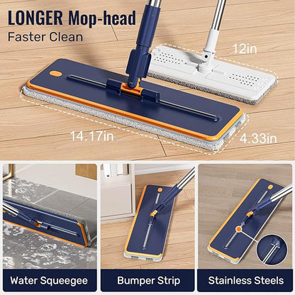HoMettler Mop and Bucket Set with Wringer, 3-Tank Flat Mop and Bucket System, Wall Mop Cleaner with Long Handle, Hands Free Mops for Floor Cleaning with 8 Microfiber Pads