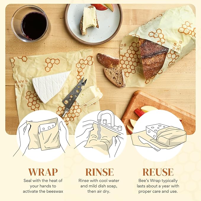 Bee's Wrap Beeswax Wraps for Food - Assorted 5 Pack of Beeswax Wraps - 2 Large & 3 Medium Wrap - Plastic Free Made in USA Reusable Natural Food Wrap - Honeycomb Print
