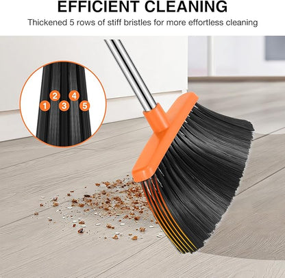 NACENA Broom and Dustpan Set, 52-in Long Adjustable Handle Broom Dustpan Combo with Dustpan Teeth to Automatically Clean Hair Suitable for Home Kitchen Office Hall Floor（Black&Orange）