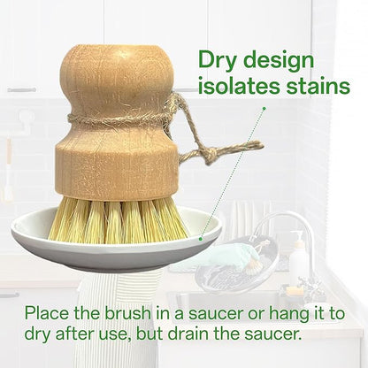 Bamboo Dish Brush Set, Natural Sisal Scrubber for Pots Pans Dishes with Tray, Eco Friendly Kitchen Brush 3 Pack